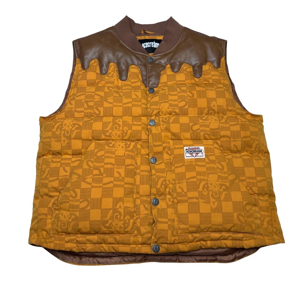 ICECREAM BBC Puffer Vest Leather Yoke Men XL Yellow Down Streetwear